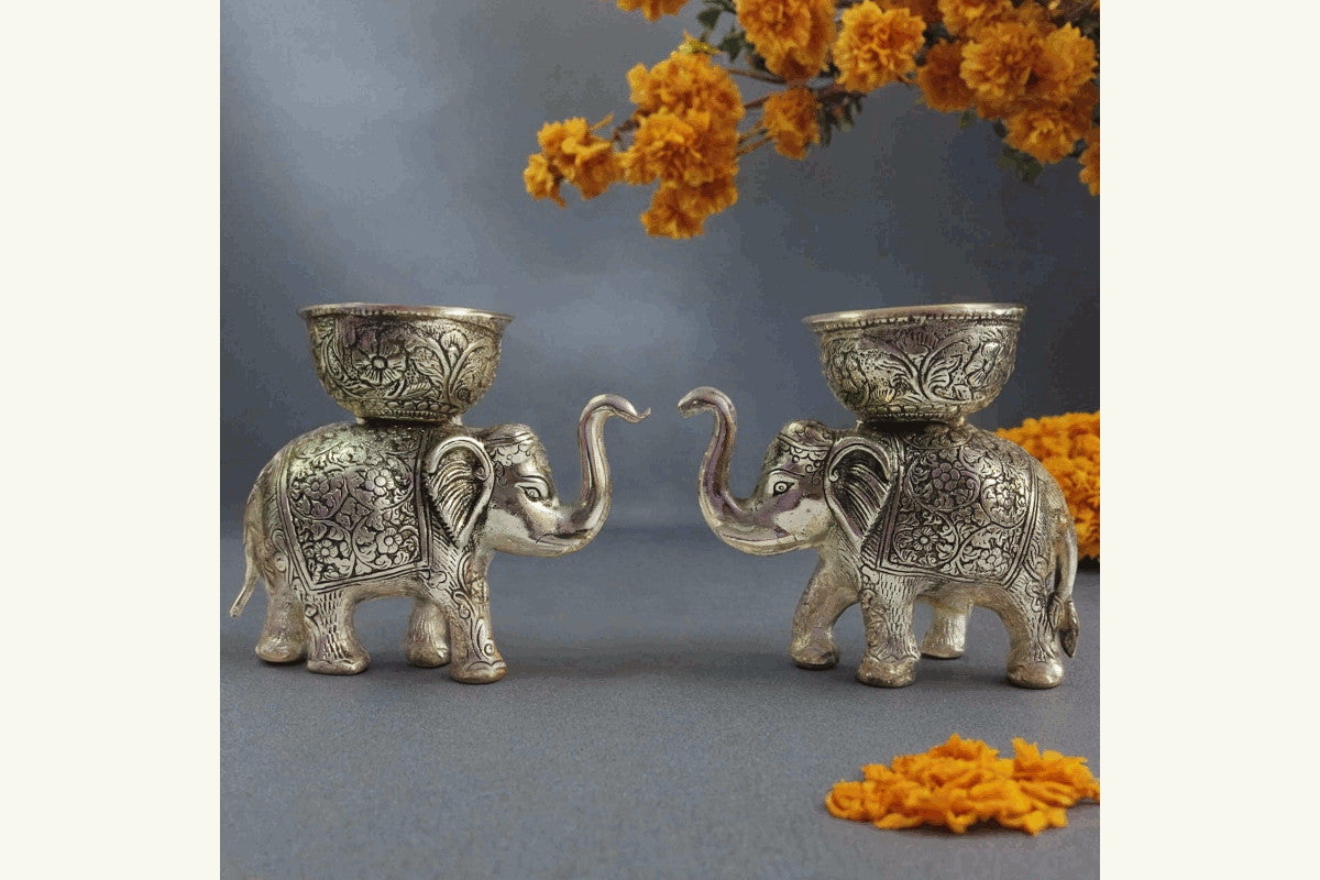 Metal Antique Elephant Bowl Pair