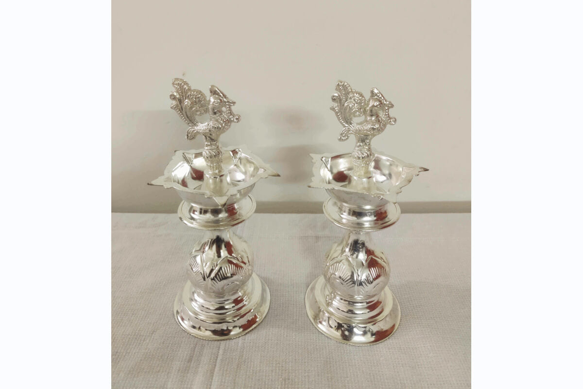 German Silver Annapakshi Diya Pair