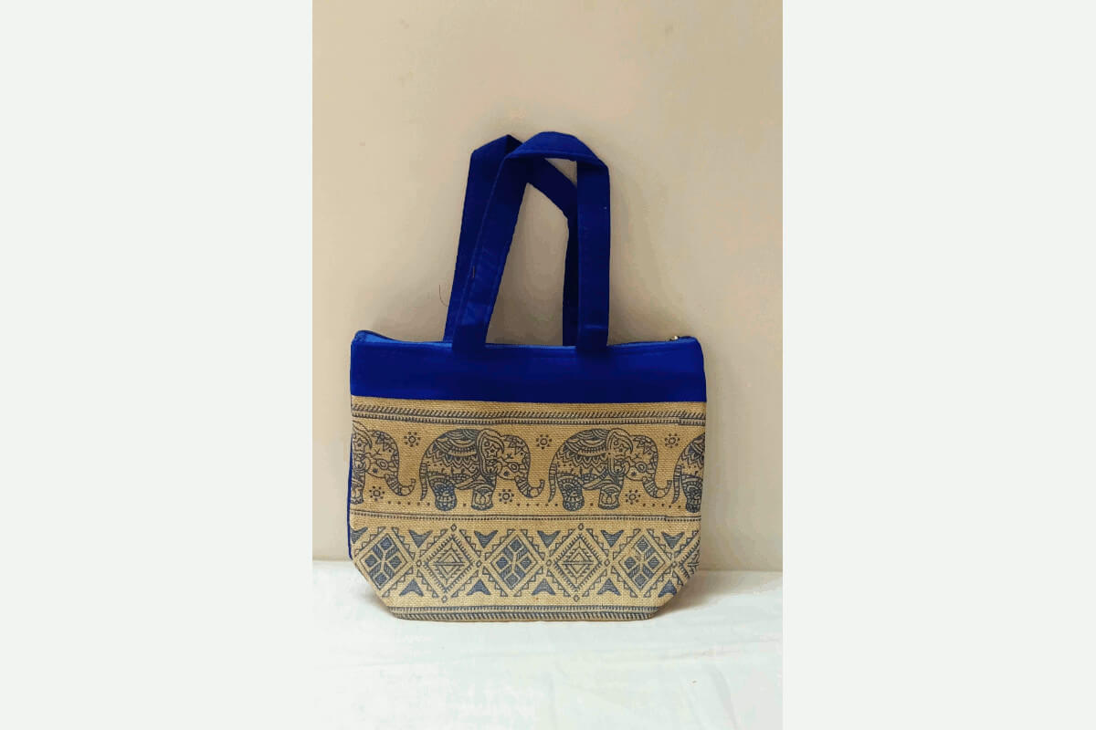 Elephant Print Jute Mix Bag