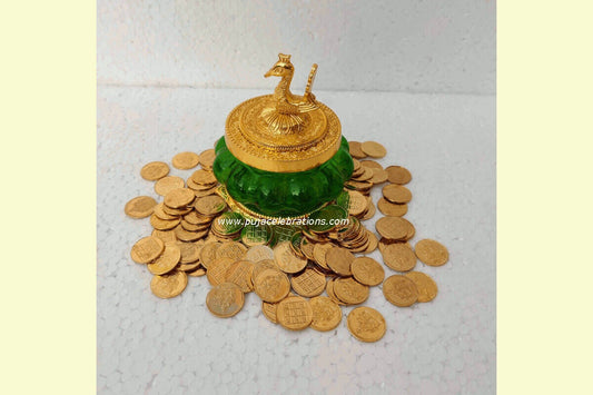 Kubera Lakshmi Pot Green Gold with Copper Coins Gold Finish, Return gifts for pooja