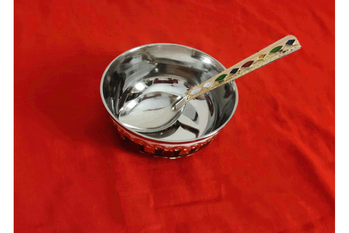 Meenakari Steel Cup Bowl Spoon Set, Baby Shower Return Gifts