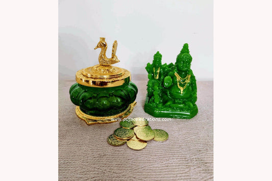 Kubera Pot Green Statue & Coins, Kubera Pooja