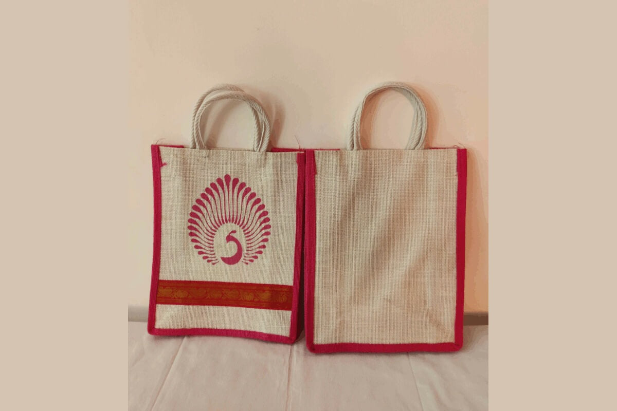 Jute Peacock Print Bag, Return Gifts for Ladies