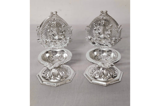 White Metal Ganesh Diya Pair