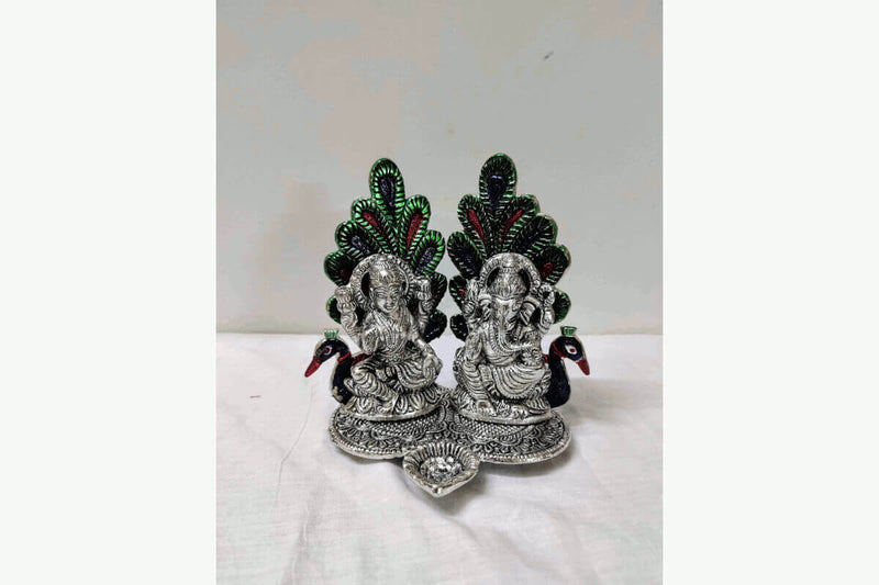 Ganesh Lakshmi Diya Silver Meenakari
