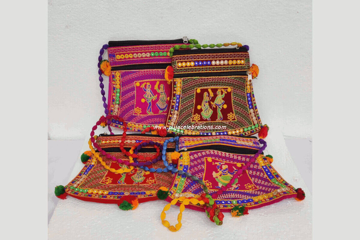 Embroidered Sling Bag with Pompom