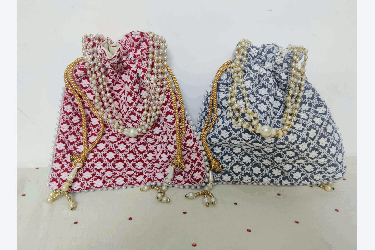 Lucknowi Chikankari Print Beads Potli