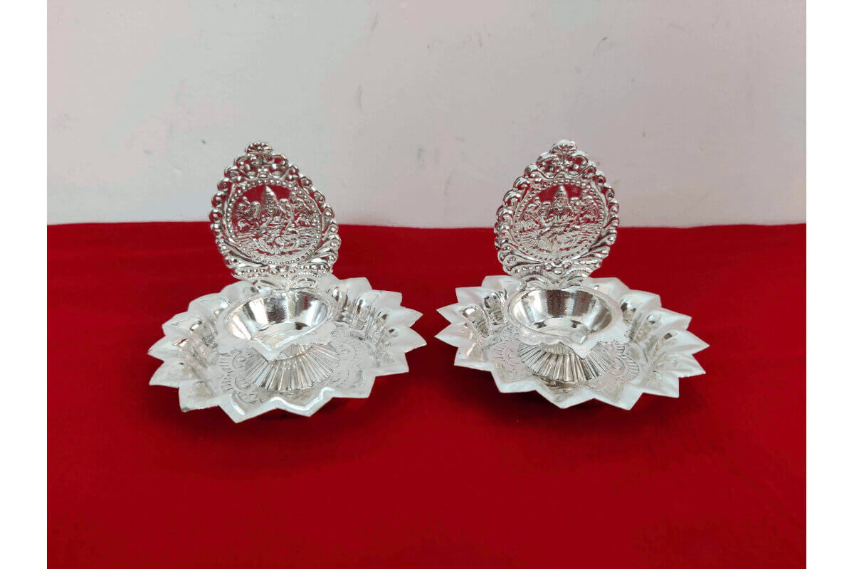 German Silver Lakshmi Diya Pair